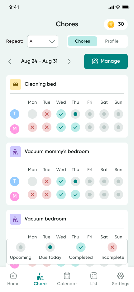 Chore list with weekly grid